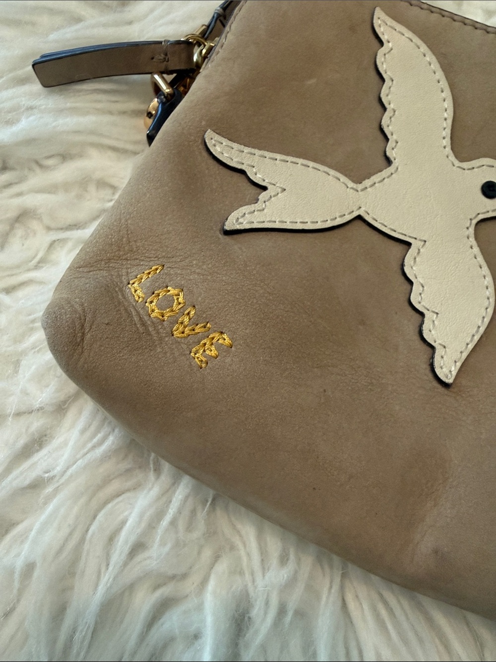 Tory Burch Taupe Leather Crossbody with Dove, Peace & Red Heart Accents - Picture 2 of 8